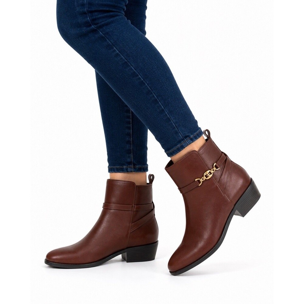 Sam Edelman Brown Leather Ankle Boots Women's Size 10 Gold Horsebit Block Heel